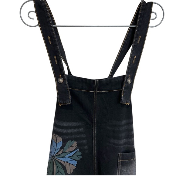 OMYCHIC Flower Club Loose Relaxed Fit Black Denim Overalls Pockets - Picture 3 of 13